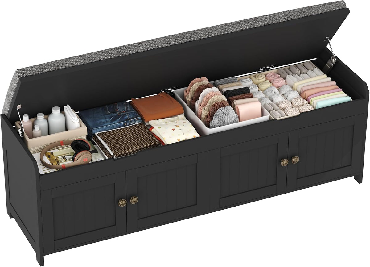 HOMEFORT 54.4" Shoe Bench with Lift Top Storage, Entryway Bench with Cushioned Seat, Wooden End of Bed Bench, Shoe Cabinet Bench with Hidden Storage Space, for Bedroom, Hallway,Black