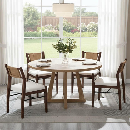 BESTANO Modern Armless Dining Chairs with Rope Woven Back Set of 2, White Upholstered Kitchen & Dining Room Chairs, Mid-Century Classic Farmhouse Wooden Side Chair