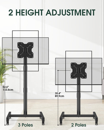 Mobile Rolling TV Stand on Wheels for 13-50 inch Screens, Black | Portable TV Stand for Outdoor, Bedroom, and Living Room, Locking Caster, Tilt Angle and Height Adjustment, Max Vesa 200x200mm