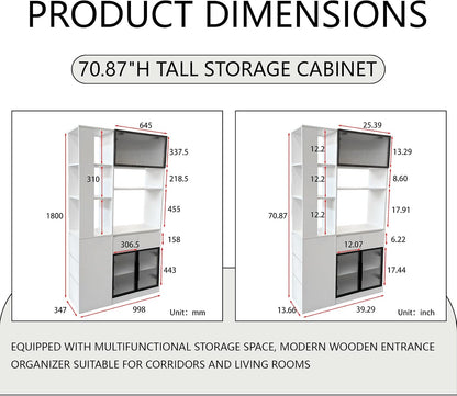 71 Inch Wood Pantry Cabinet with Glass Doors, 39 Inch Wide Freestanding Kitchen Storage Cabinet for Microwave and Coffee Bar, Modern Sturdy Tall Pantry Cabinet with Shelves & 5 Drawers, (White)