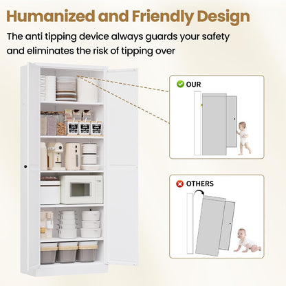 Kitchen Pantry Cabinet, 72" Tall White Metal Storage Cabinet, Kitchen Storage with 2 Doors and 5 Adjustable Shelves, Freestanding Cupboard for Living, Dining Room and Bathroom,Assemble Required