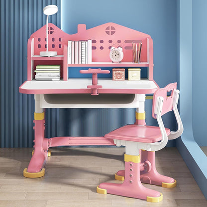 Honrane Kids Study Desk and Chair Set, Height Adjustable Kids School Desk, Cartoon Learning Desks, Kids Desk with Storage, Children Study Table with Storage, Castle Backboard, Bookshelf (Pink), Large
