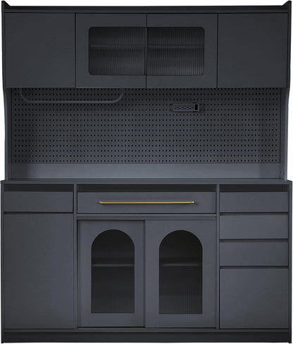 Freestanding Kitchen Pantry Cabinet with Hutch, Large Coffee Bar Storage Cabinet with Adjustable Shelves, Drawers, Pegboard, Towel Rack and Power Outlet (Black)