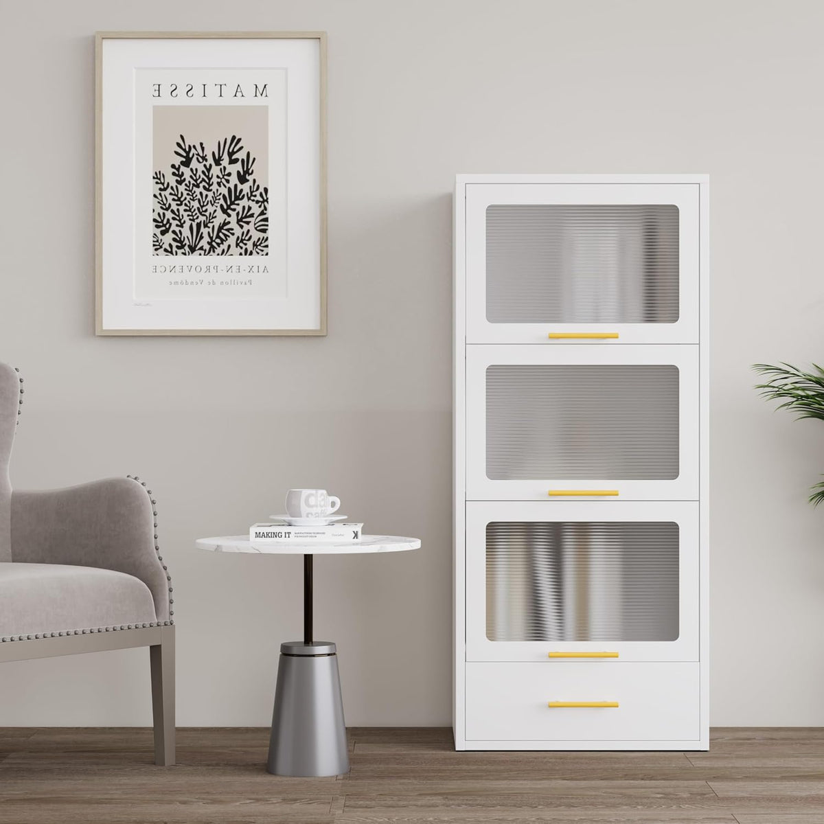 3-Tier Metal Kitchen Storage Cabinet with Drawer, Freestanding Microwaves Rack, Flip-up Acrylic Doors for Living Room & Dining Room, White