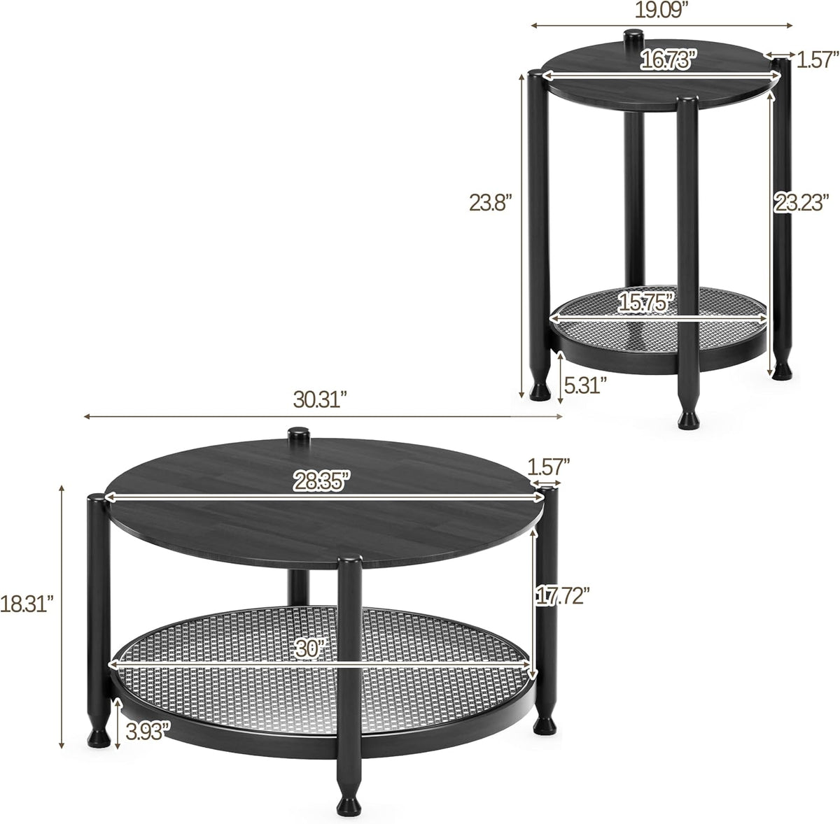 Farmhouse Round Nesting Coffee Table Set of 2, Solid Wood Round Coffee Table and End Table Set with Woven Rattan Storage Shelf, Black
