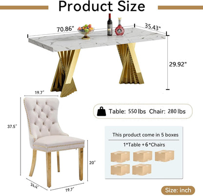 7 Piece Dining Table Set, White 70" Marble Dining Table with 6 Beige Velvet Chairs, Luxury Faux Marble Dining Room Table Set for 6, Modern Kitchen Table and Chairs Set for Home Furniture