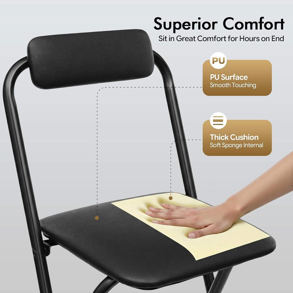 Foldable Bar Chair, 29.53" Tall Folding Chair Portable Stools with Backrest Cushioned Padded for Camping Kitchen Home Office, Load Capacity 275LBS (Black, 1PCS;29.53")