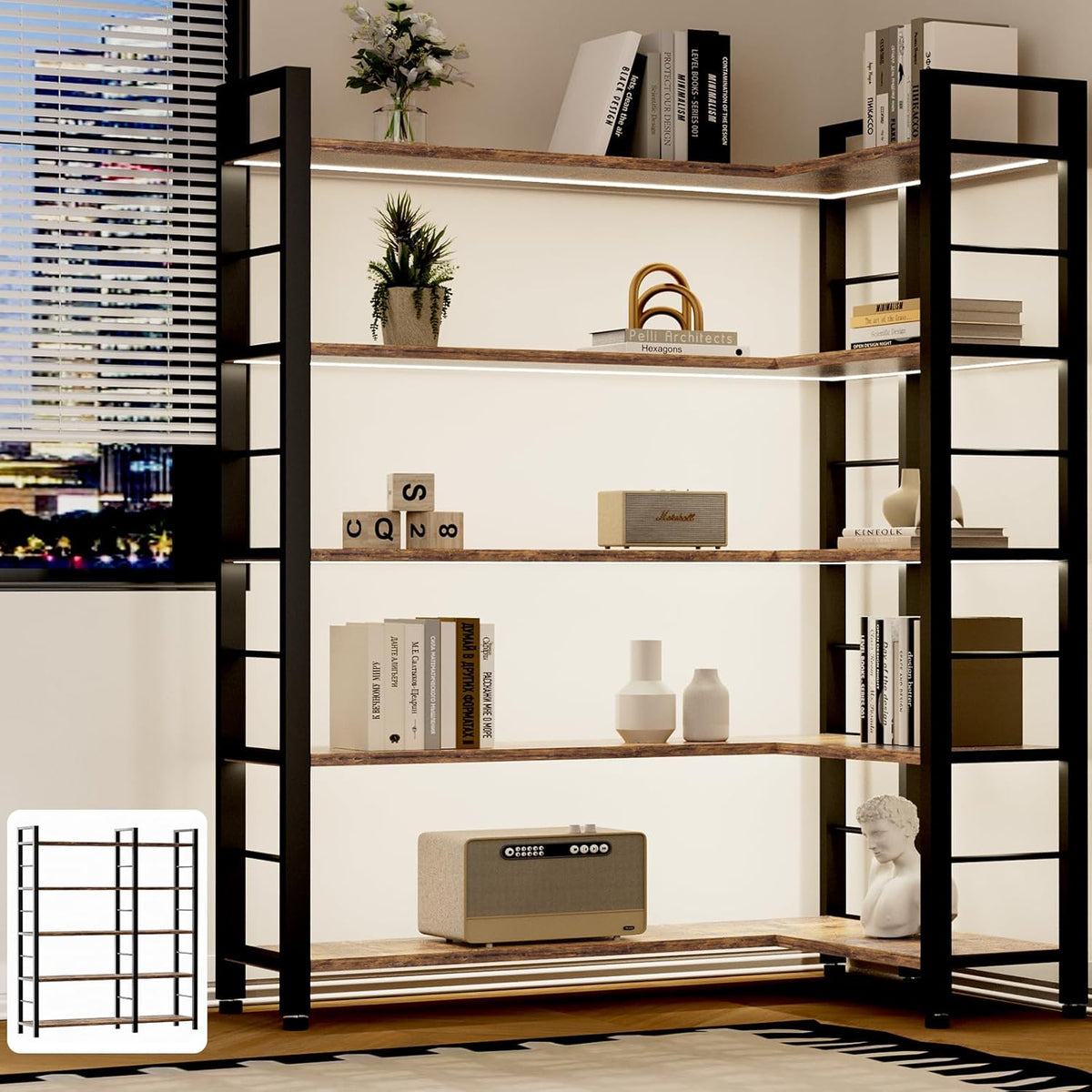 INNOD 65" X 50" Straight Wide 5 Tier Bookshelf with LED Light, L Shaped Bookcase with Adjustable Feet, Corner Book Case with 10 Open Shelves, Shelf Unit Display Shelf for Living Room, Home Office