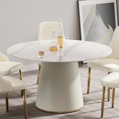 Montary 53” Modern Round Dining Table for 4-6 People, Minimalist Artificial Marble Kitchens Table with Beige Plywood PU Base, Snow Mountain White Sintered Stone Top Dining Room Table