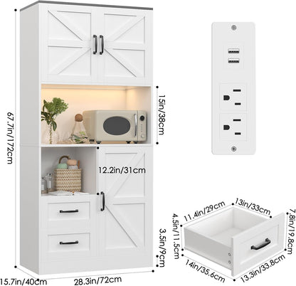Kitchen Pantry Storage Cabinet with LED Lights and Power Strip, Tall Farmhouse Kitchen Pantry with Barn Doors and Drawers, Adjustable Shelves for Dining Living Room (White)