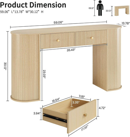 59" Fluted Console Table with 2 Drawers - Wood Entryway Table with Storage, Long Modern Sofa Tables Behind Couch with Curved Leg for Living Room, Entry, Hallway, Entrance, Foyer, Oak Natural