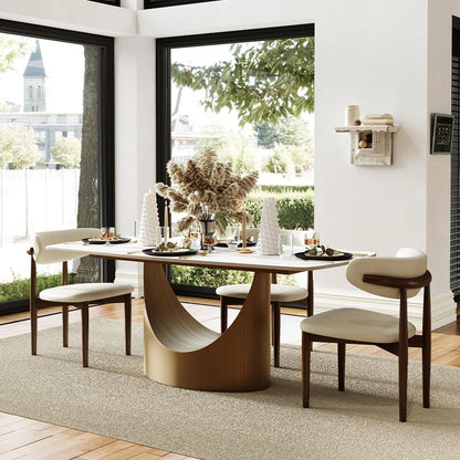POVISON 71" Modern Dining Table for 6-8, Matte White Sintered Stone Top | Bronze Carbon Steel Pedestal Base, Hobart Minimalist Rectangular Table for Dining Room, Kitchen, Home（Table Only）