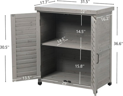 32" Solid Wood Storage Cabinet, Sideboard Cabinets with Metal Table Top, Living Room Organizer with Louvered Ventilation for Outdoor Patios, Grey