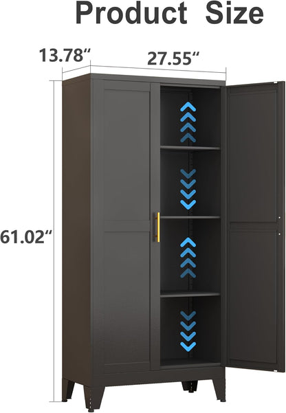 Metal Storage Cabinet with Doors and Shelves, 61.02" Tall Kitchen Pantry Storage Cabinet for Food, Large Freestanding Pantry Closet for Kitchen, Dining Room, Living Room (Black)
