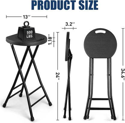 Folding Stool, Black 24 Inch Foldable Bar Stool with Handle | Folding Extra Seat, 500 lbs Capacity, Space-Saving, for Kitchen Island, Counter, Guitar, RV Travel, Camping, Party (1 Pack)