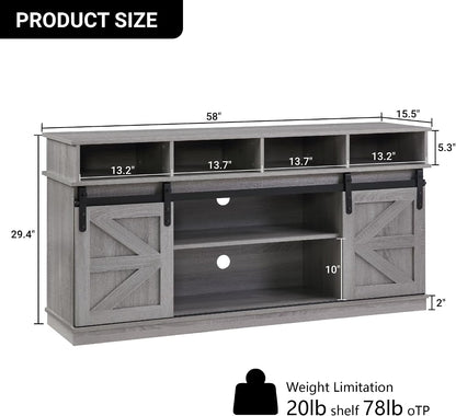 TV Stand Sliding Barn Door Modern&Farmhouse Wood Entertainment Center, Storage Cabinet Table Living Room with Adjustable Shelves for TVs Up to 65" (Gray, Farmhouse with Open Shelf)