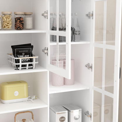 MOUMON Large Kitchen Hutch Storage Cabinet with Adjustable Shelves & Glass Doors, Pantry Organization and Kitchen Storage with Drawers, White (63”W x 15.7”D x 78.7”H)