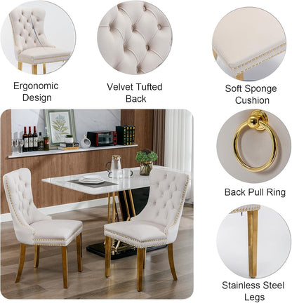 Luxury 7 Piece Dining Set, Modern 68.11" Faux Marble Dining Table with 6 Beige Velvet Dining Chairs, White Kitchen Table Set with Gold Stainless Steel Base, Rectangle Dining Room Table and Chairs Set