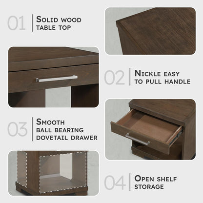Lexicon Rectangle Wood End Table with Drawer and Lower Open Shelf, Mango Wood Veneer Small Side Table for Contemporary Living Room/Bedroom, Fully Assembled, Espresso