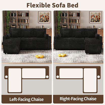 3 in 1 Pull Out Couch, Corduroy L Shaped Couch Sleeper Sofa Bed, Black | Reversible Storage Chaise, Charging Station, Cup Holder, Sleeper Sofa, for Living Room Apartment