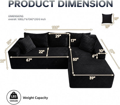 108" Modular Sectional Cloud Couch for Living Room Deep Seat L Shapes Couch with Oversized Chaise Lounge, Comfy Memory Foam Flannel Fabric Sofa for Bedroom Apartment, No Assembly Required