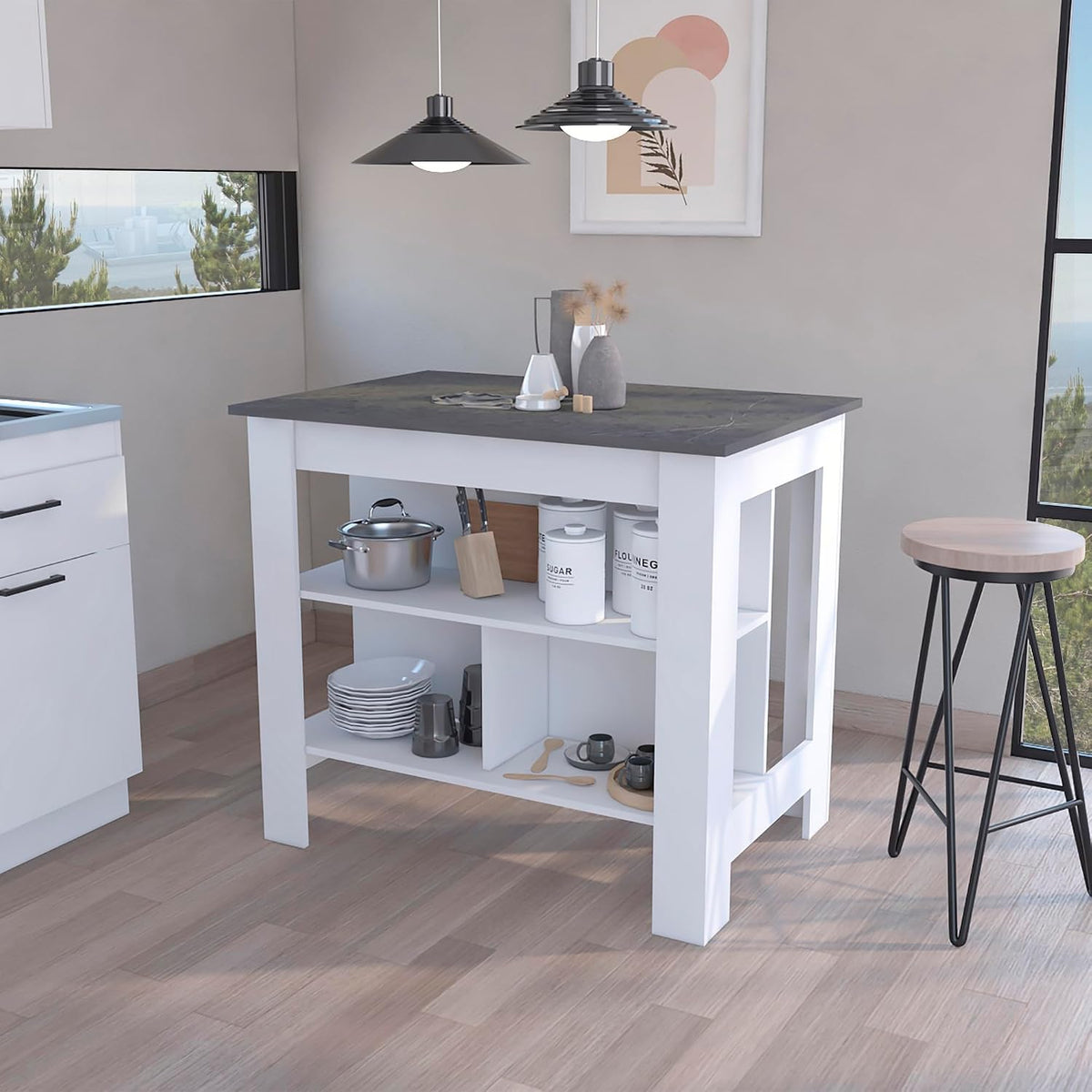 Kitchen Island with Three Shelves, White and Onyx Finish | Three storage shelves with varying dimensions for organized kitchen storage