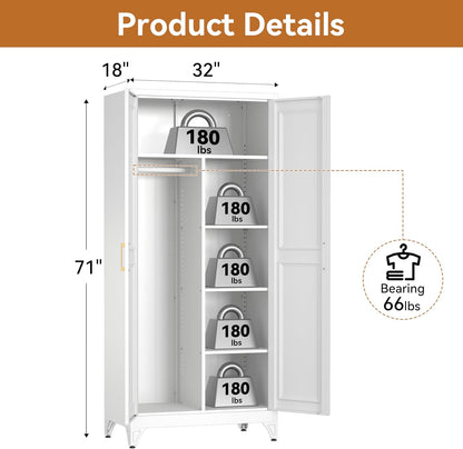 Polup Metal Armoire Wardrobe Closet, 71" Tall Wardrobe Cabinet with 2 Doors | Heavy Duty Steel Clothing Storage Cabinet with Hanging Rod & 3 Adjustable Shelves for Bedroom, Office, Broom Closet, White