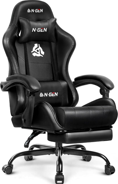 N-GEN GAMING Gaming Chair with Footrest, Lumbar, High-Back, All Black | Reclining Backrest, Linkage Armrests, Durable PU Leather, Adjustable Comfort for Extended Computer, Desk, or Home Office Use