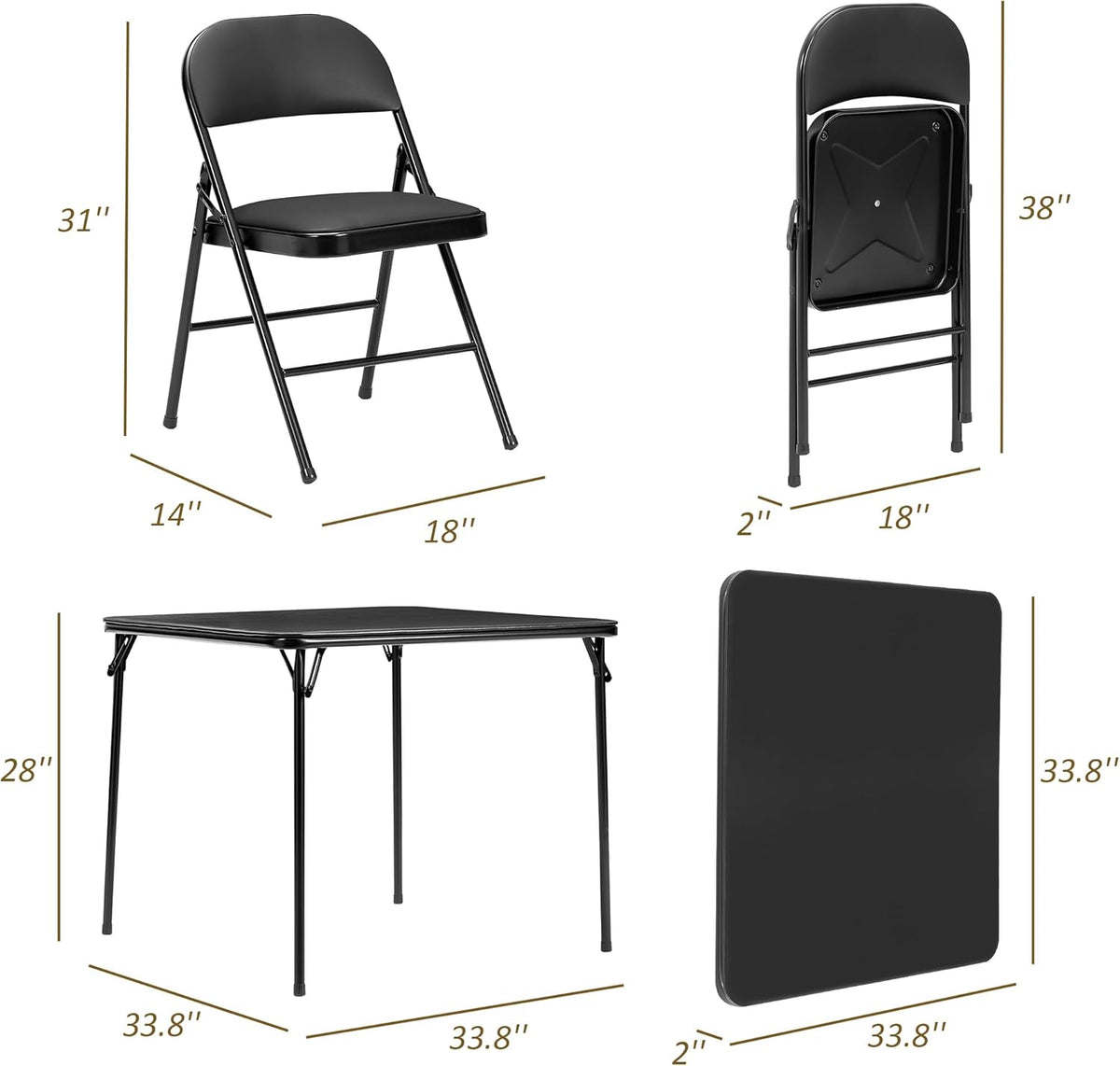 VECELO Folding Card Table and Chair Set of 5 Portable with Padded Tabletop, No Assembly Required, Black
