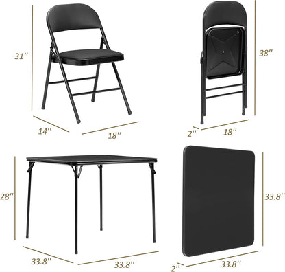 VECELO Folding Card Table and Chair Set of 5 Portable with Padded Tabletop, No Assembly Required, Black