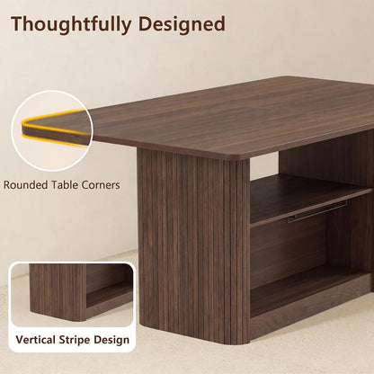 FUQARHY 63" Dining Table with Storage, Fluted Rectangular Kitchen Table for 6 with 2-Tier Storage Shelf, Farmhouse Wood Table (Walnut)