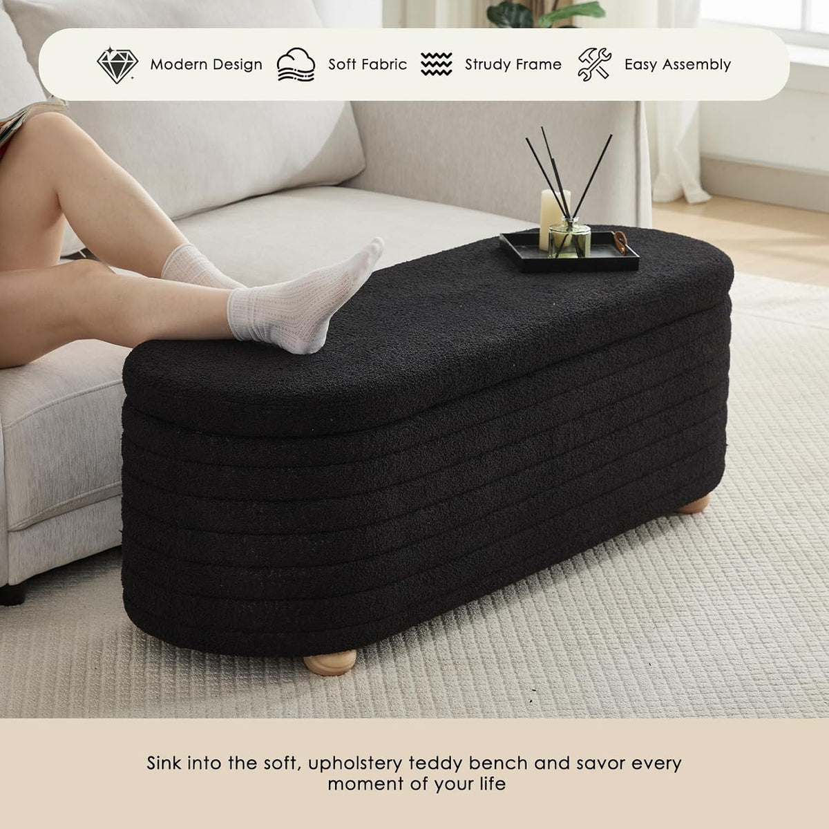 53" Storage Bench Teddy Ottoman Bench Upholstered Fabric Bench End of Bed Stool with Safety Hinge for Bedroom, Living Room, Entryway, Black