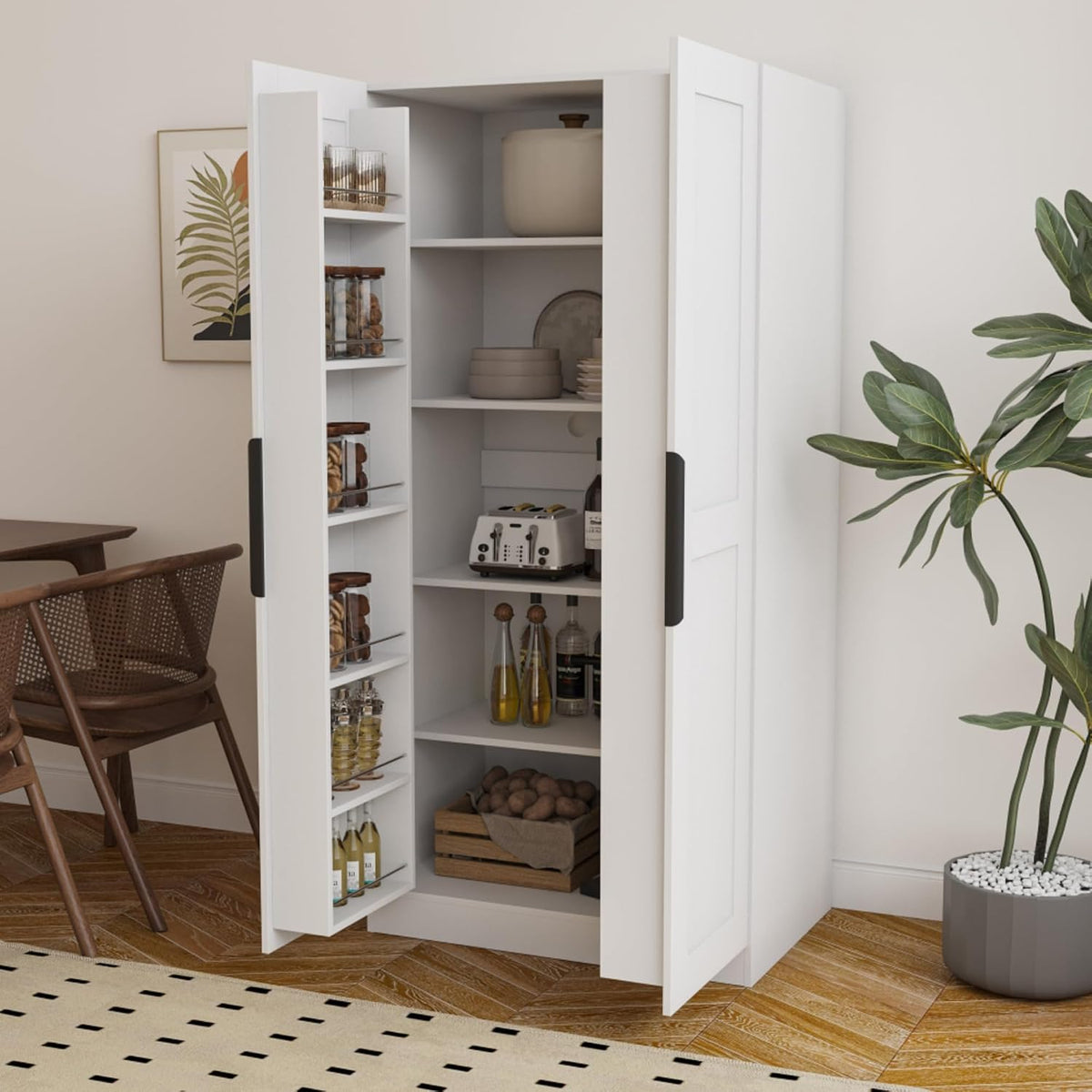 Standalone Pantry Cabinet Buffet Sideboard Cupboard with Double Doors, Multi-Level Shelving, Tall Organizer Storage for Kitchen Dining Living Hallway Bathroom, Modern Retro Furniture (White)