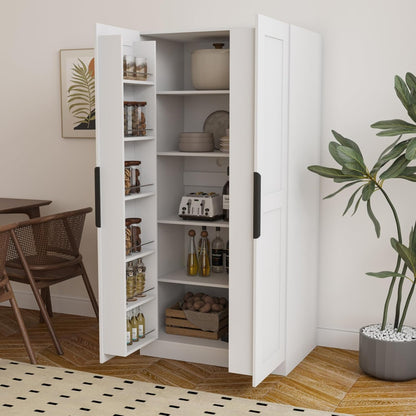 Standalone Pantry Cabinet Buffet Sideboard Cupboard with Double Doors, Multi-Level Shelving, Tall Organizer Storage for Kitchen Dining Living Hallway Bathroom, Modern Retro Furniture (White)