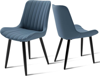 Mid-Century Modern Dining Chairs Set of 2, PU Leather Kitchen Chairs with Soft Cushion and Metal Legs, Upholstered Armless Accent Chair Side Chair for Dining Room/Guest/Reception Room/Cafe (Blue)