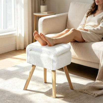 Vanity Stool with Storage & Folding Backrest,Faux Rabbit Fur Small Makeup Chair with 4 Solid Wood Legs,11.4" D x 14.9" W x 28.7" H,Soft Ottoman for Living Room,Bedroom,Closet,White