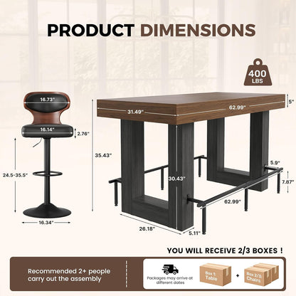 Miereirl 5-Piece Bar Table Set, 63" Counter Height Dining Table with 4 Swivel Barstools, Industrial Wooden Kitchen Island Table Set with Footrest and Backrest for Dining Room, Home Bar