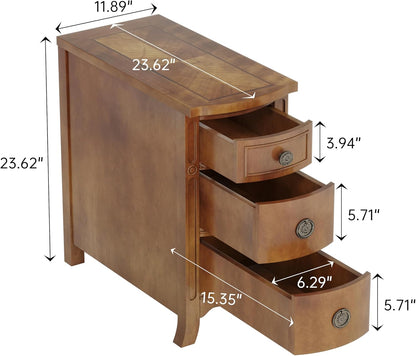 Farmhouse Solid Wood End Table, 3-Drawer Narrow Side Table Slim Chair Table for Living Room, Sofa Table with Drawers, Small Nightstand for Bedroom, No Assembly Required, Brown