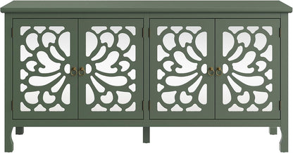 Fansafurn 63" Carved Buffet Cabinet with Mirrored Door, Modern Console Table with Storage and Adjustable Shelves, Wood Media Sideboard for Entryway, Living Room, Bedroom, Dining Room, Bathroom (Green)