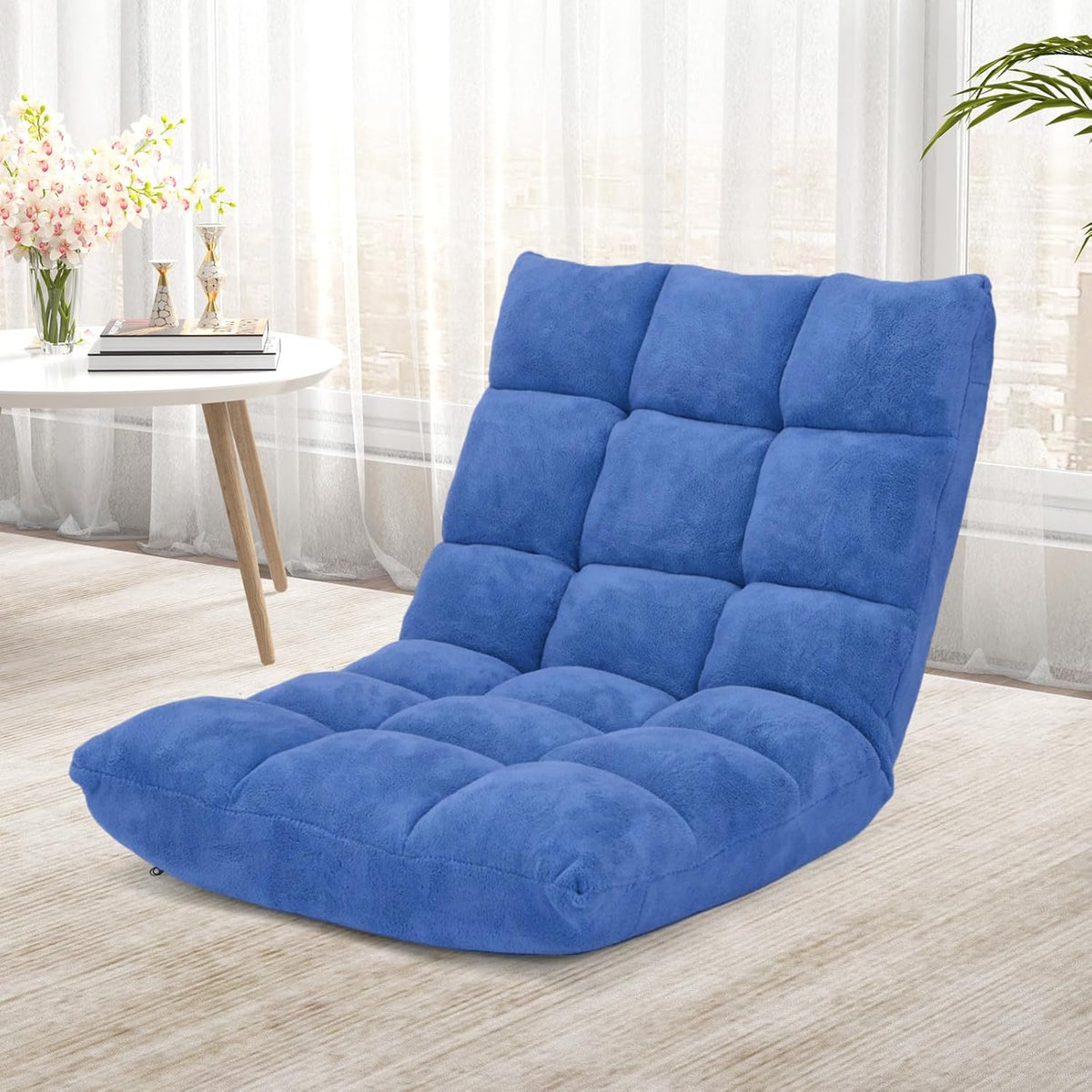 S AFSTAR Cushioned Floor Chair, 14-Position Adjustable Padded Lazy Recliner with Comfortable Back Support and Skin-Friendly Cover, Great for Reading, Playing Game, Meditating (Blue)