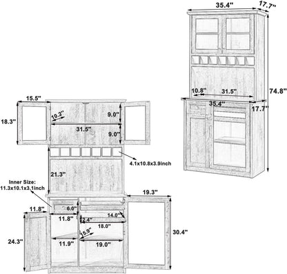 Kitchen Pantry Storage Cabinet with Wine Rack and Adjustable Shelves, Freestanding Buffet Cabinet with Hutch, White