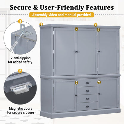 73'' Traditional Freestanding Wooden Kitchen Pantry, Large Kitchen Storage Unit Cupboard with Drawers Cupboard with Door Shelves and Adjustable Shelves (Gray-T)