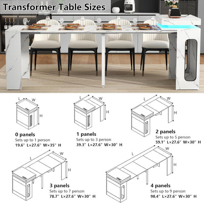 Extendable Dining Table with Charging Station, Convertible Folding Console Table for 6-8 People, Space-Saving Dining Table with LED Lights, Wood Rectangle Kitchen Table, Marble White (No Chairs)