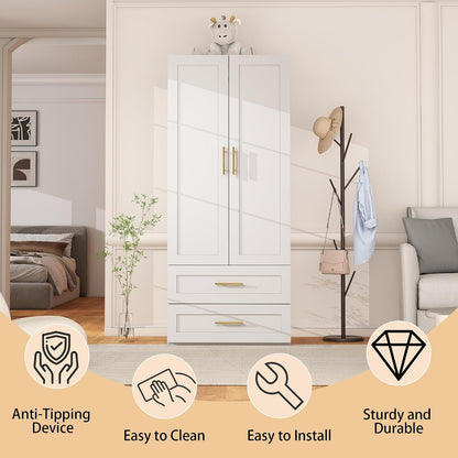 White Wardrobe with 2 Doors: 75" Tall Armoire Wardrobe Closet with 2 Drawers, Bedroom Closet Cabinet for Hanging Clothes, Wooden Storage Armoire with Shelves (Contemporary, 1)