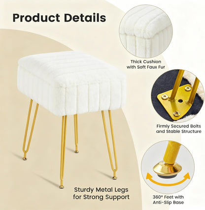 FUXA Vanity Stool Chair with Storage, Faux Fur and Metal Legs, White | Soft Padded Seat, Anti-Slip Adjustable Feet, Modern Style, Multifunctional for Bedroom and Entryway