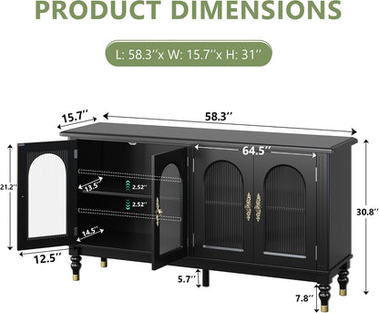 iPormis Fluted Arched Buffet Cabinet with Storage, 59" Modern Sideboard with Glass Door & Adjustable Shelves, Mid Century Modern Solid Wood Credenza Accent Cabinet for Living Room, Entryway, Black