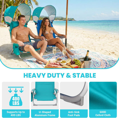 #WEJOY Beach Chair with Canopy Shade, Reclining Adjustable 4 Position, Lay Flat Lightweight Folding Portable Aluminum Chair with Backpack Straps,Padded headrest, Heavy Duty 400lbs Lawn Chair for Beach