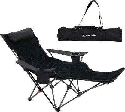 Portable Reclining Camping/Lounge Chair for Outdoor (1, Black) | Soft Cushion, 4-Position Backrest, Removable Footrest, Cup Holder & Versatile Carry Bag