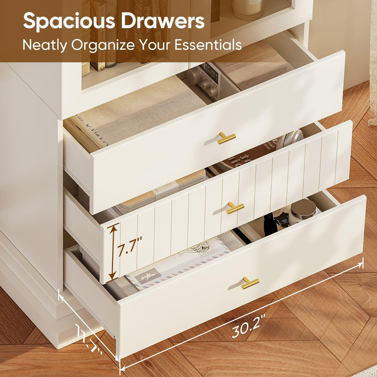 ivaniti 71" Arched Kitchen Pantry Cabinet, Tall Display Modern Storage Combination for Living Room and Dining Room with Dual Glass Door and Open Shelf Cabinets, White with Gold Handles, 3 of Set