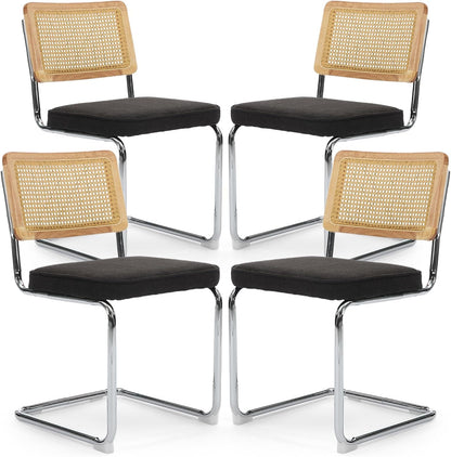 Rattan Back Linen Dining Chair Set of 4 Modern Breuer Designed Stainless Chrome Base Armless Upholstered Dining Chair for Dining Room, Kitchen Island(Black)